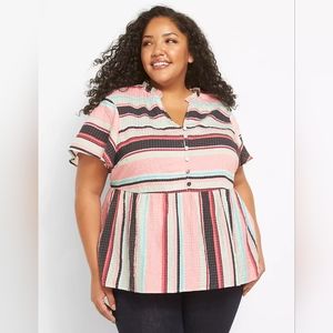 Lane Bryant Ruffle Split Neck Top Striped Short Sleeve Peplum